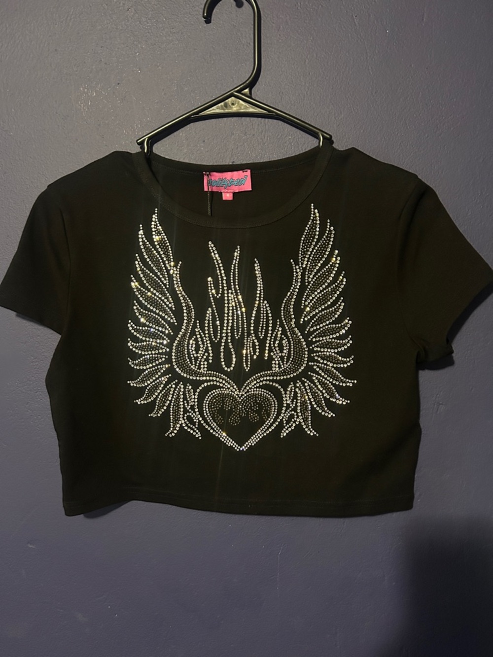 Black Rhinestone Wing Heart Crop Tee